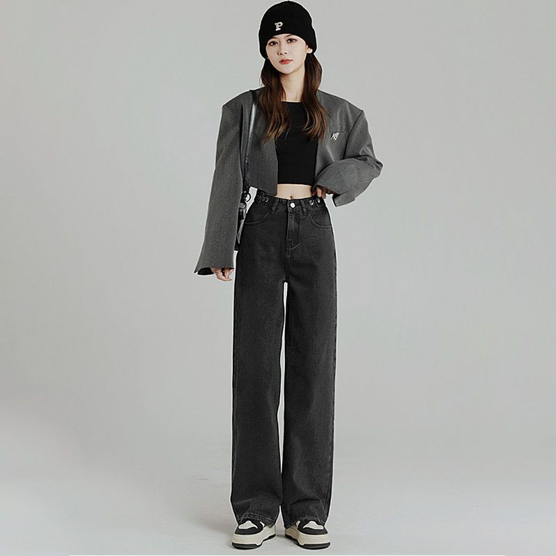 可調節腰扣高腰闊腿牛仔褲女2023秋冬新款百搭顯高顯瘦拖地牛仔褲