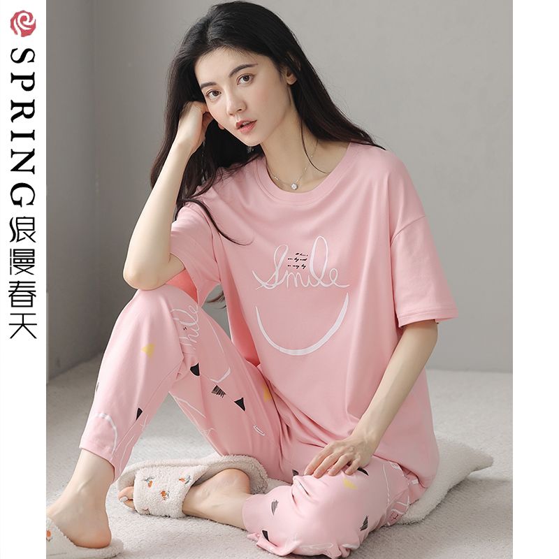 浪漫春天睡衣女夏季純棉短袖長褲家居服可愛大碼薄款休閒寬鬆套裝
