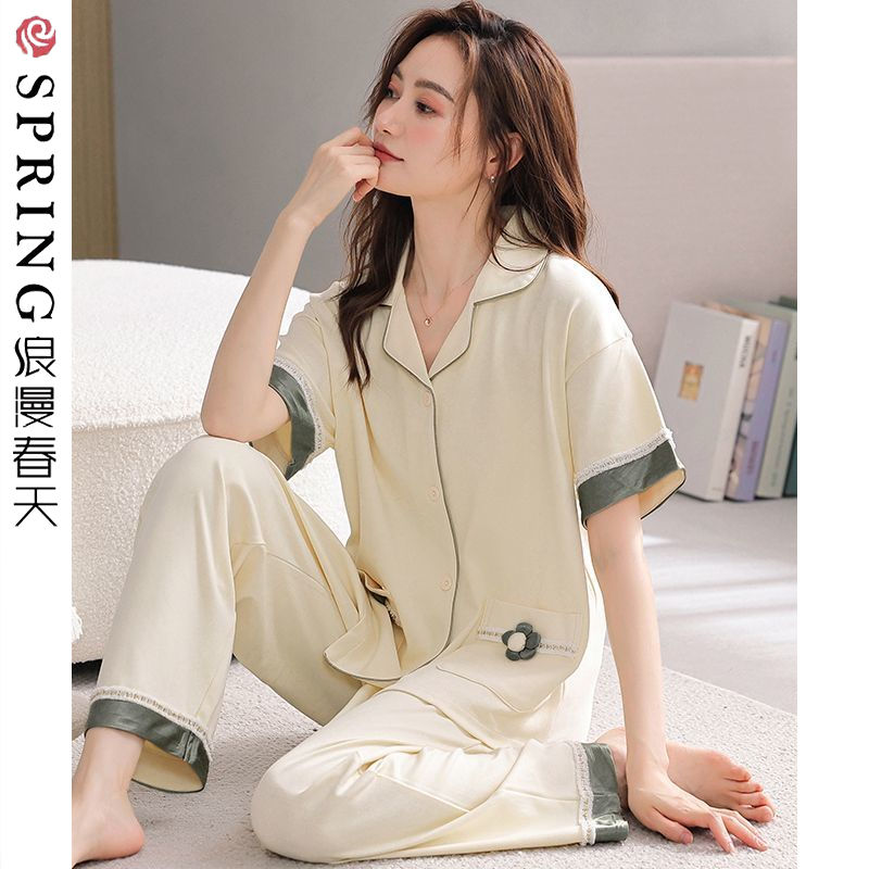 浪漫春天純棉睡衣女士夏季薄款全棉短袖長褲薄款可外穿家居服套裝