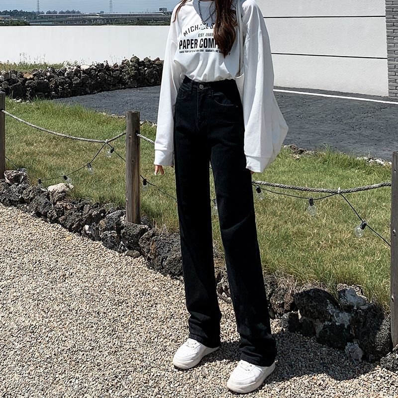 通勤直筒牛仔褲女2023秋冬新款經典款顯瘦高腰小個子拖地牛仔褲潮