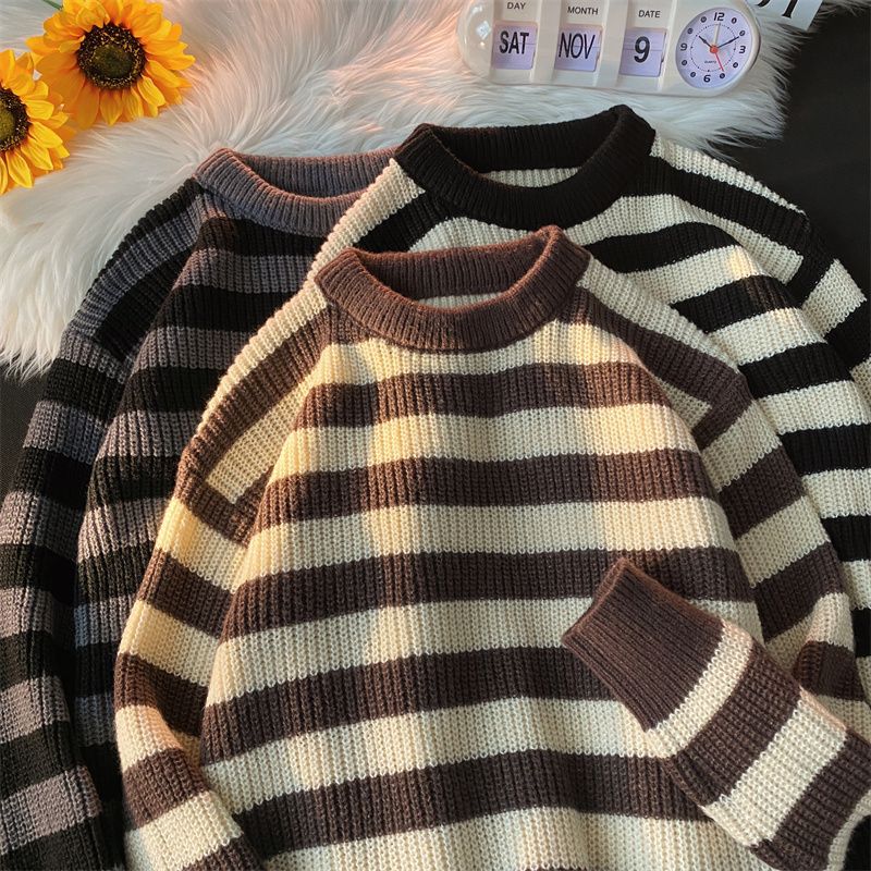 Retro striped sweater for men and women Maillard niche versatile soft waxy autumn and winter lazy loose ins student sweater