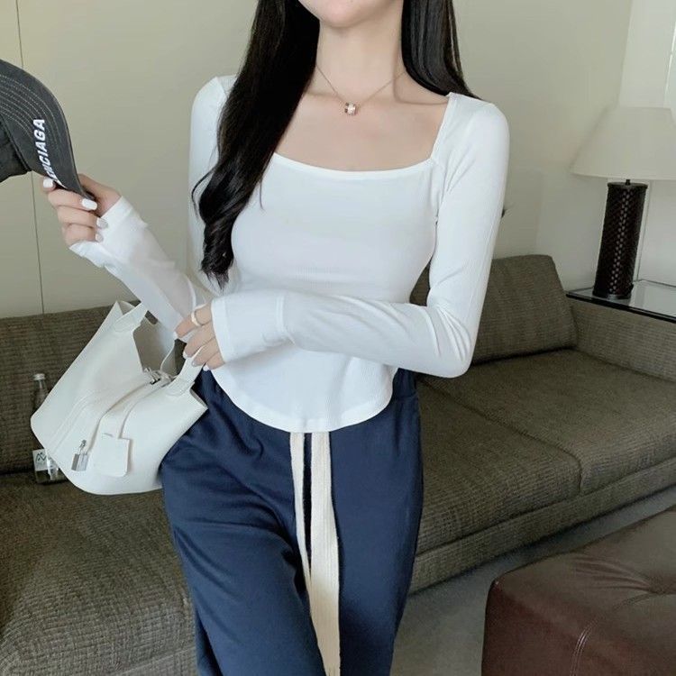 方領純欲風長袖女T恤修身韓版秋冬季辣妹百搭打底短款露肚臍上衣