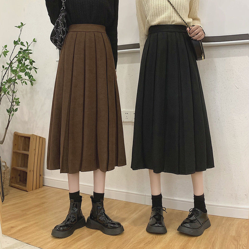  Fashion New Style Solid Color High Waist Slim Mid-Length Pleated Skirt Retro Style Versatile Skirt