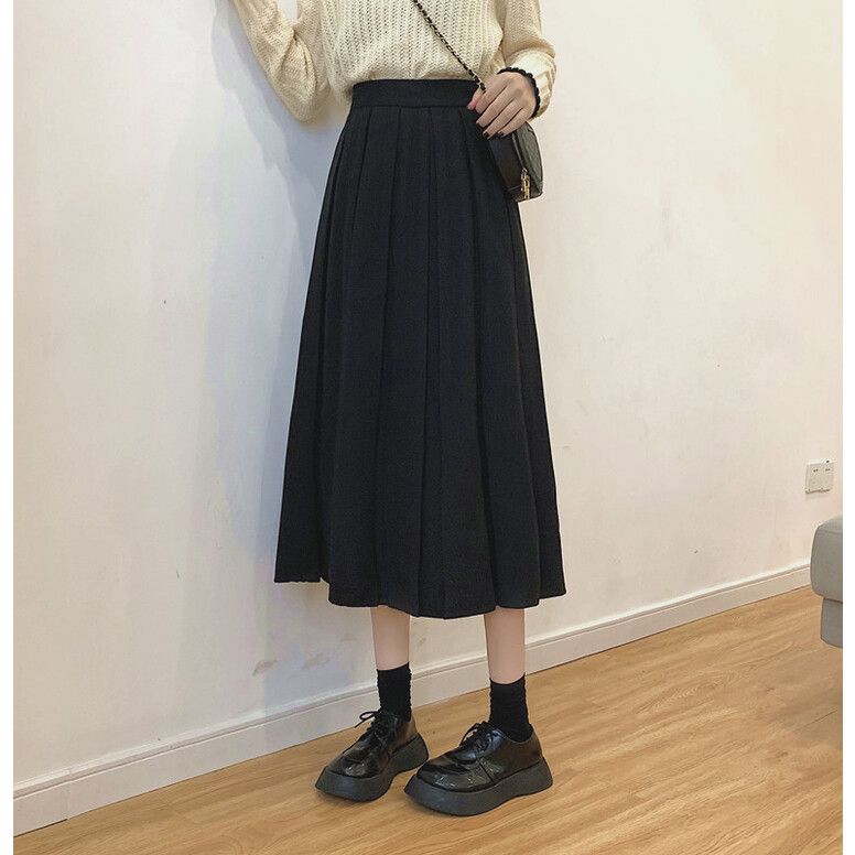  Fashion New Style Solid Color High Waist Slim Mid-Length Pleated Skirt Retro Style Versatile Skirt