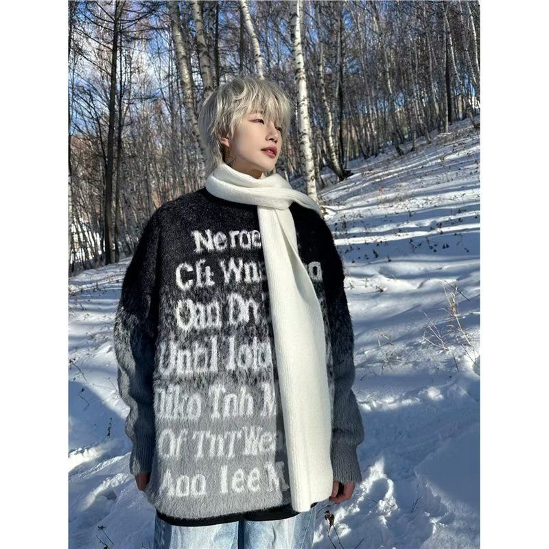 Trendy brand letter gradient sweater for men and women, soft and waxy autumn and winter lazy style loose ins couple students versatile sweater