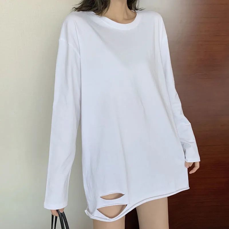 100%純棉韓版破洞長袖T恤女純棉內搭春秋季打底衫秋冬中長款上衣