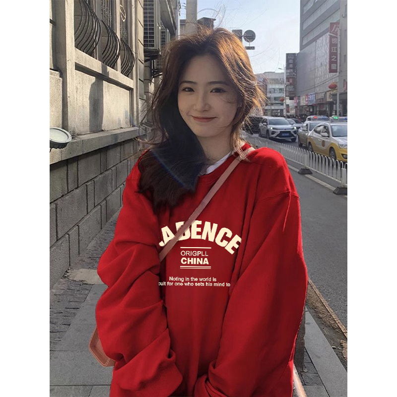 冬季炸街情侶衛衣女復古chic新年紅色加絨上衣ins大碼本命年外套