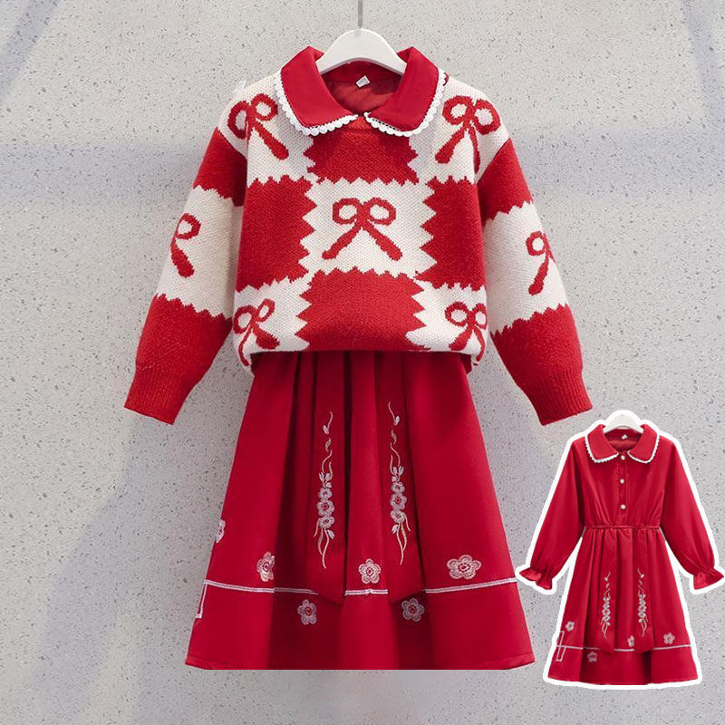 女童連衣裙秋冬裝2024新款國風紅色兒童拜年服毛衣裙子套裝兩件套