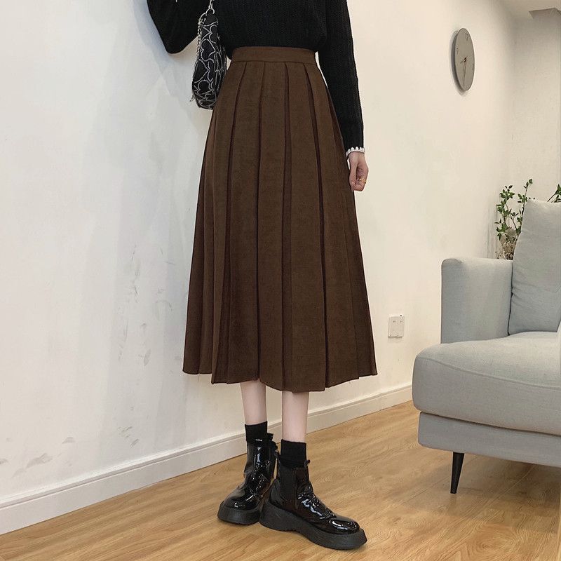  Fashion New Style Solid Color High Waist Slim Mid-Length Pleated Skirt Retro Style Versatile Skirt