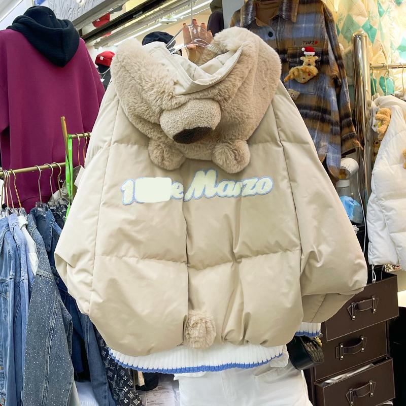加厚寬鬆兔子小熊玩偶字母刺繡連帽羽絨服女冬季蝙蝠袖白鴨絨外套