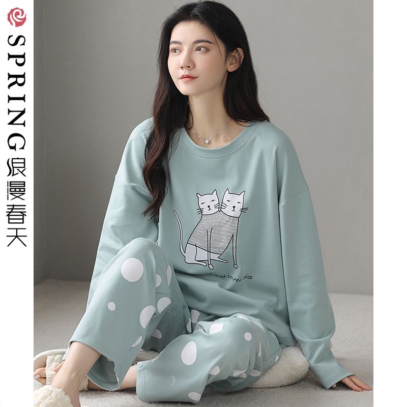 浪漫春天睡衣女春秋季純棉長袖甜美寬鬆大碼套裝全棉家居服可外穿