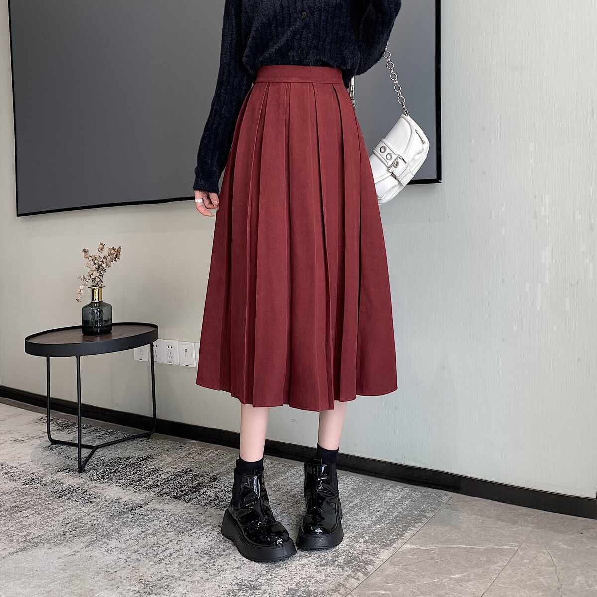  Fashion New Style Solid Color High Waist Slim Mid-Length Pleated Skirt Retro Style Versatile Skirt