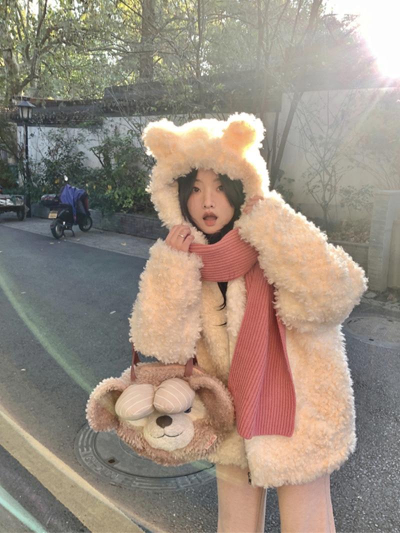 Sweet Wind Curly Coat Autumn and Winter 2023 New Warm Thickened Jacket Age-Reducing Bear Hooded Top Women's Clothing