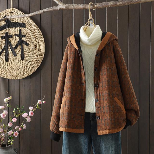 大碼女裝文藝夾棉服女秋冬季外套女加厚棉衣女保暖連帽休閒上衣女