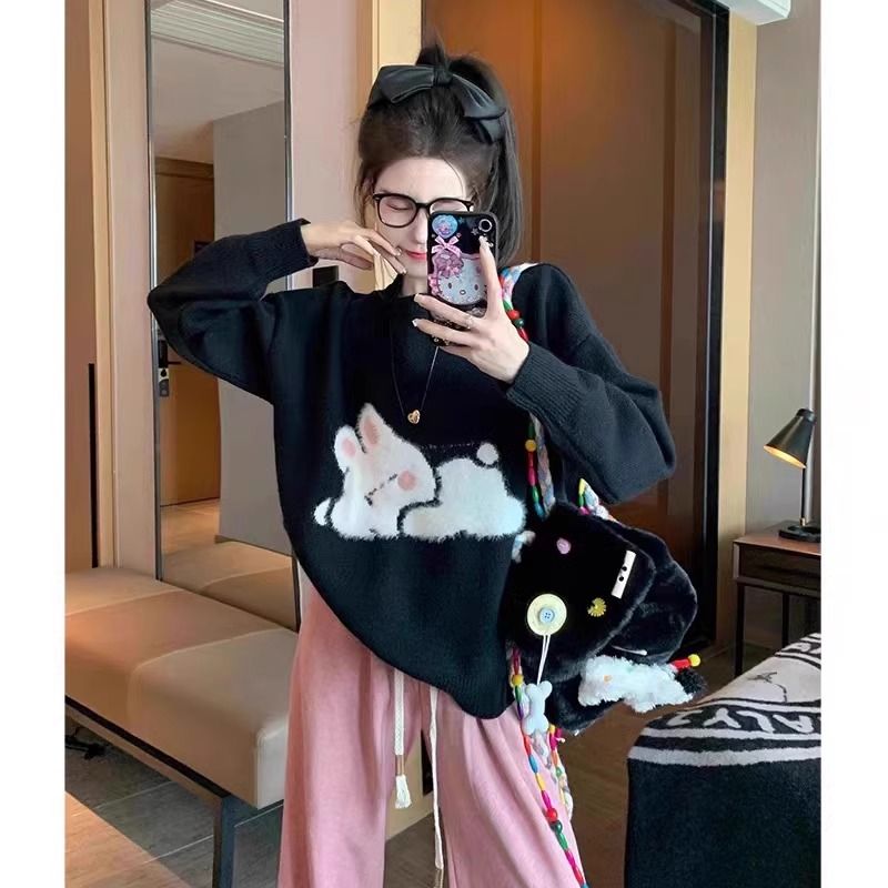 提花兔子毛衣女秋冬新款寬鬆慵懶風軟糯可愛打底針織衫上衣潮