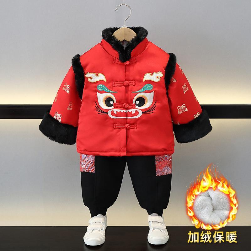 拜年服男童龍年2024虎頭加絨加厚兒童喜慶新年裝國風寶寶周歲禮服