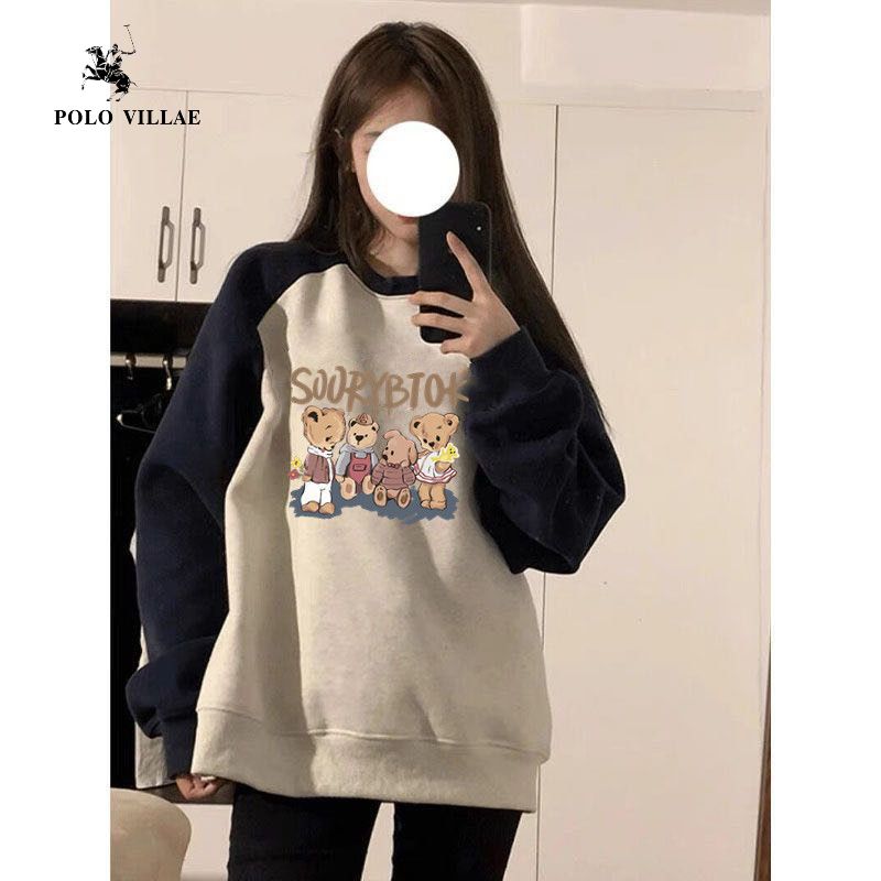 重磅純棉銀狐絨美式復古拼接撞色圓領衛衣女秋冬慵懶風寬鬆上衣女