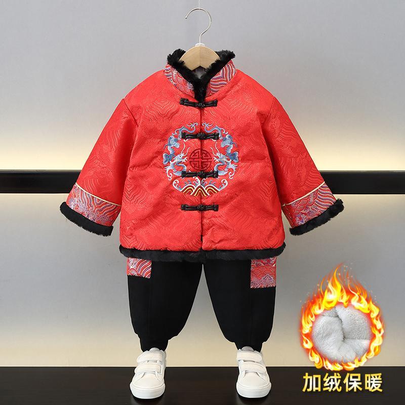 男童拜年服加絨國風寶寶抓周衣服兒童裝周歲禮服漢服中式喜慶過年