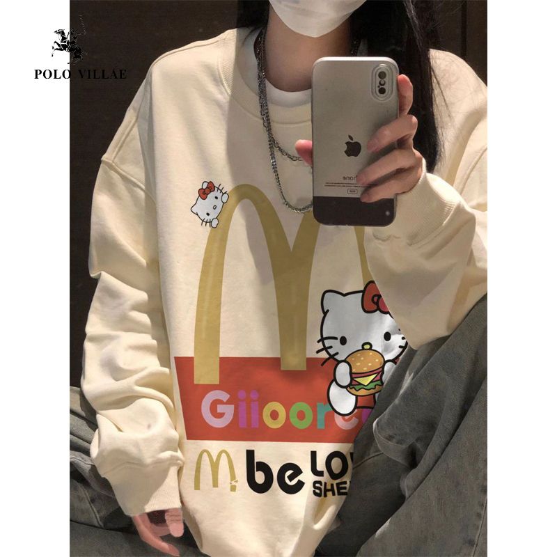 450G重磅銀狐絨圓領衛衣女秋冬季情侶美式高街卡通凱蒂貓寬鬆上衣