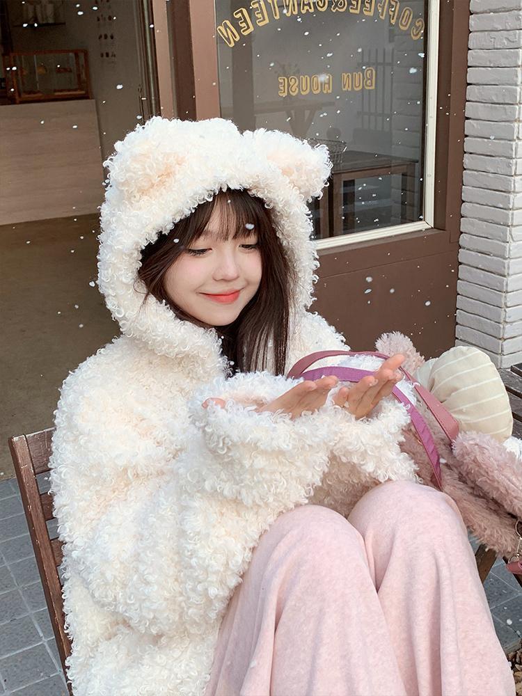 羊羔毛外套女2023冬季新款連帽學院風寬鬆仿皮草毛絨絨上衣加絨