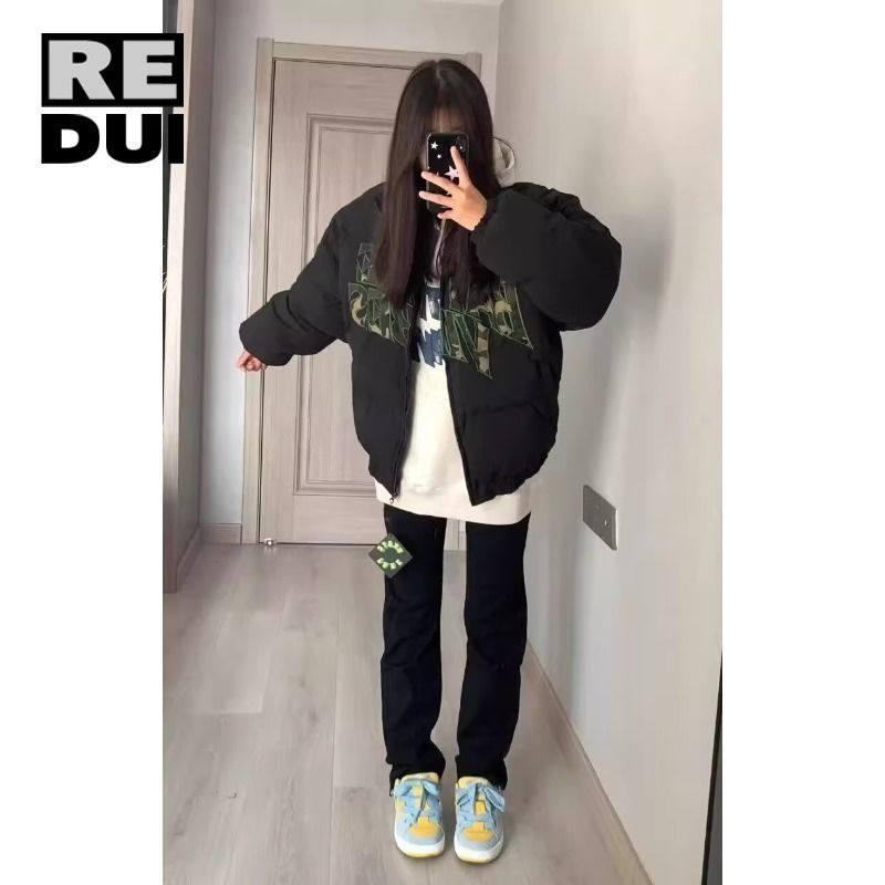 冬季國潮新款美式高街字母繡花棉服女港風百搭貼布設計感情侶外套