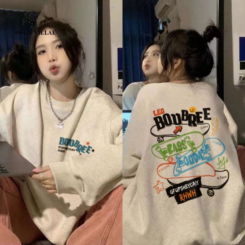 重磅純棉銀狐絨美式復古卡通圓領衛衣女秋冬寬鬆百搭慵懶風上衣女