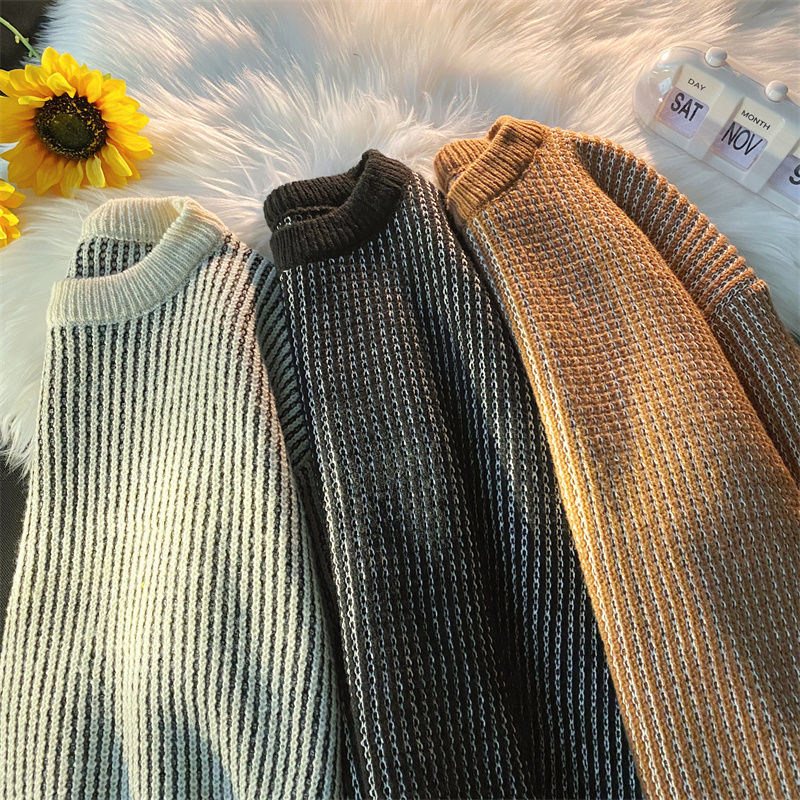 Pinstripe contrasting sweaters for men and women Japanese retro trendy brand niche soft waxy autumn and winter lazy loose ins sweaters