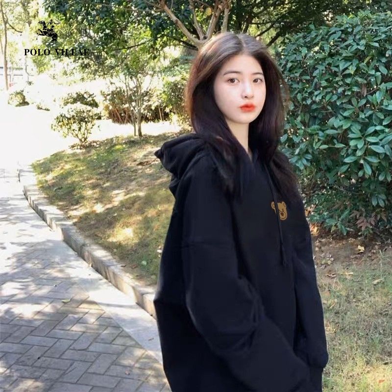 純棉重磅450G銀狐絨連帽衛衣女秋冬季卡通可愛小熊情侶寬鬆外套女
