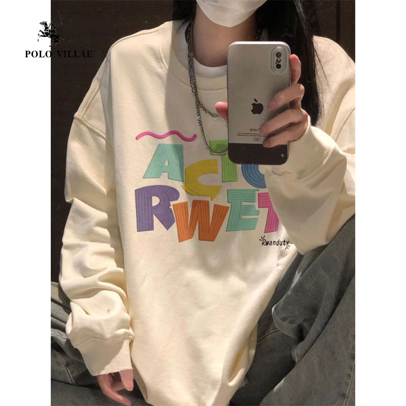 450G重磅銀狐絨圓領衛衣女秋冬季情侶美式高街簡約字母寬鬆上衣潮