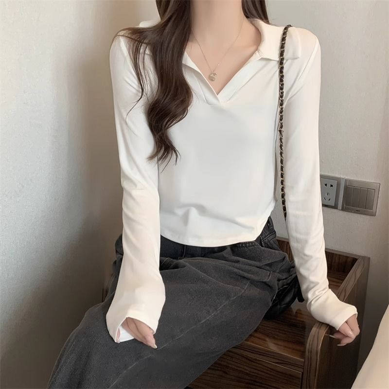 網紅春秋正肩Polo領純棉長袖T恤女外穿內搭辣妹上衣短款百搭打底