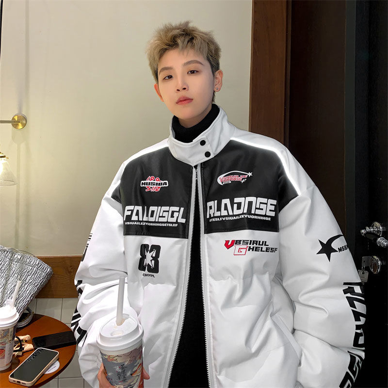 National trend contrasting color PU leather cotton jacket men's winter ins youth thickened bread jacket stand-up collar loose handsome jacket