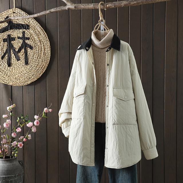 大碼女裝拼接夾棉衣襯衫女寬鬆長袖棉上衣服女秋冬季外套女秋冬裝