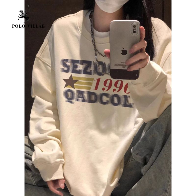 重磅純棉銀狐絨美式復古潮牌字母圓領衛衣女秋冬寬鬆慵懶風上衣女