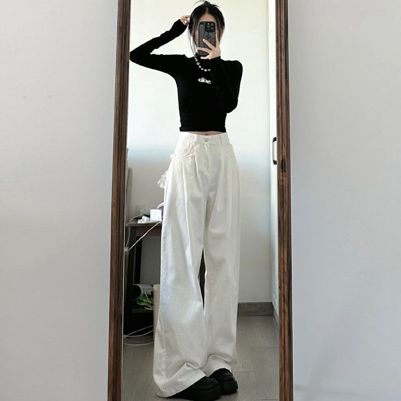 白色175加長闊腿牛仔褲女秋冬季新款寬鬆顯瘦高腰直筒垂感拖地褲