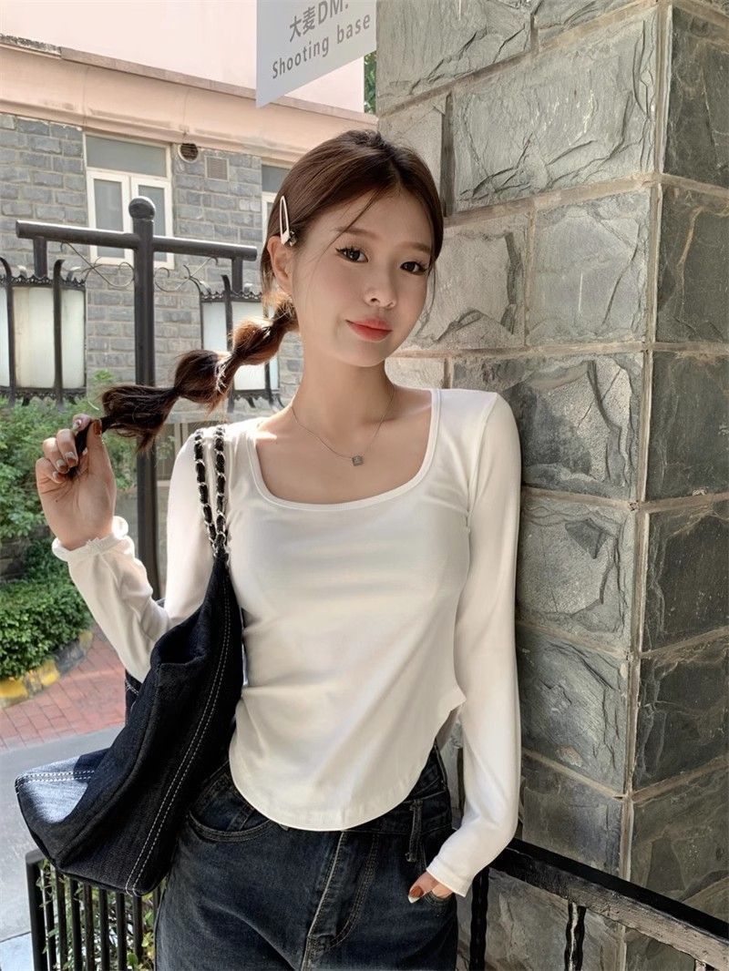 純欲風辣妹u領長袖t恤女秋季高腰露臍白色內搭打底衫修身短款上衣