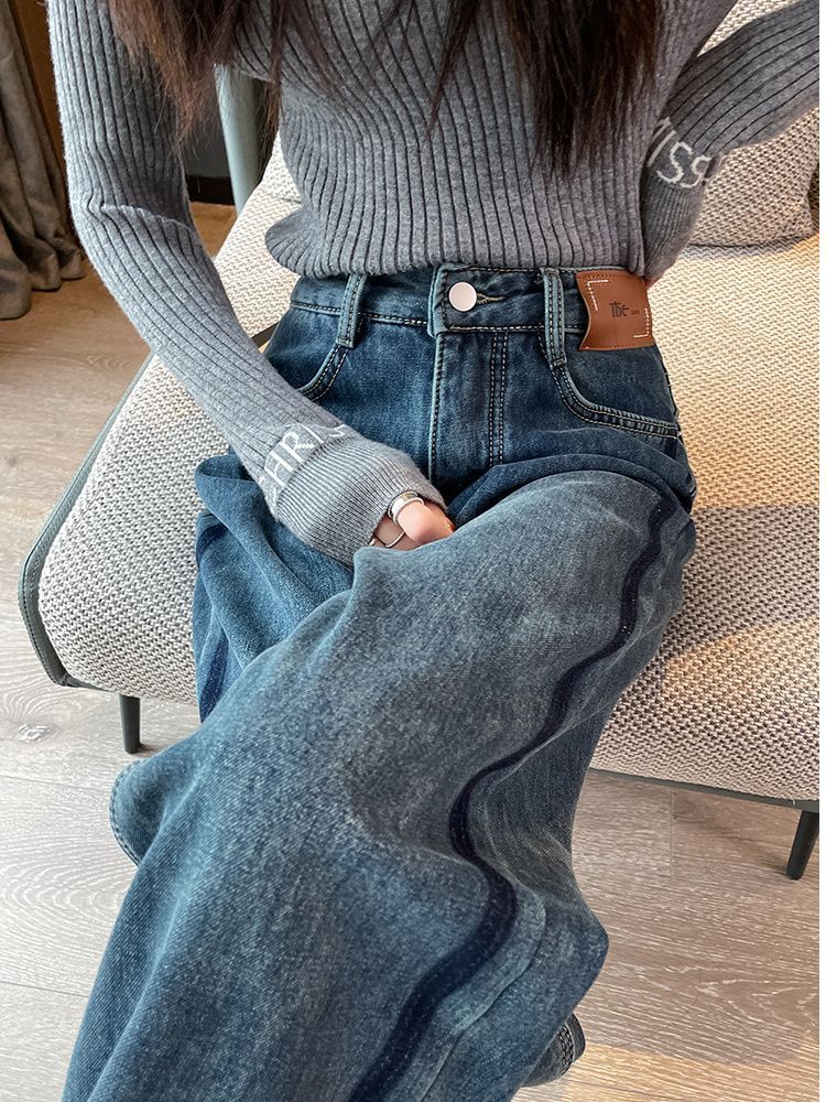 加絨加厚牛仔褲女2023秋冬季大碼高腰胖mm顯瘦百搭寬鬆闊腿老爹褲