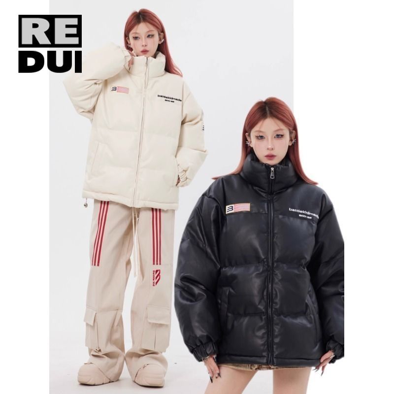 美式國潮復古國潮牌PU皮棉外套棉服冬季男女情侶麵包加厚高級棉衣