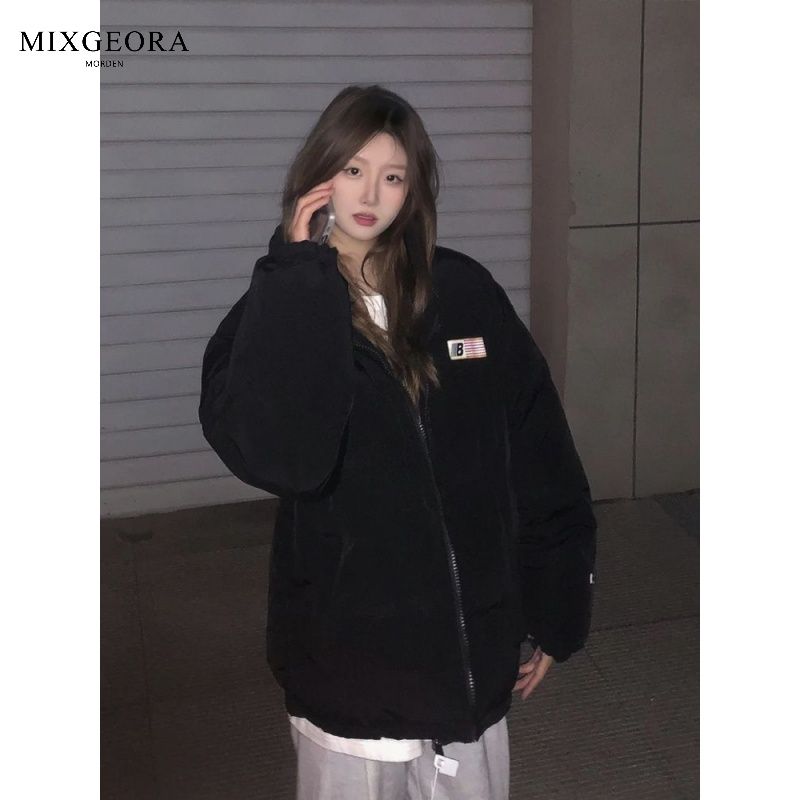 MIX GEORA棉服女款秋冬季美式情侶寬鬆休閒百搭加厚麵包服外套ins