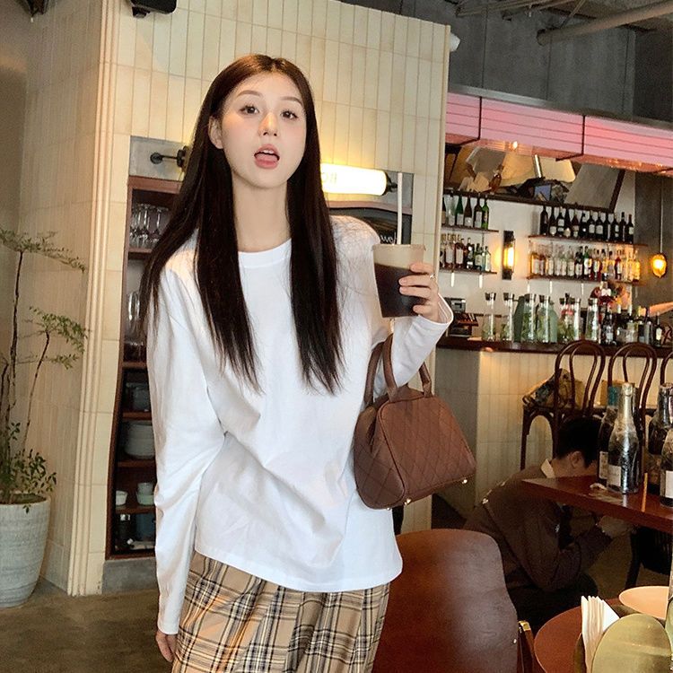 白色純棉長袖t恤女裝2023新款爆款高級秋冬季加絨內搭打底衫上衣