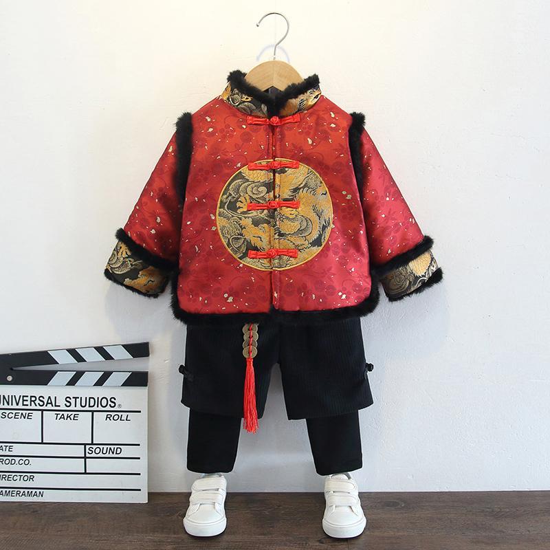 男童拜年服原創漢服套裝冬裝2024新款兒童中國風寶寶過年周歲禮服