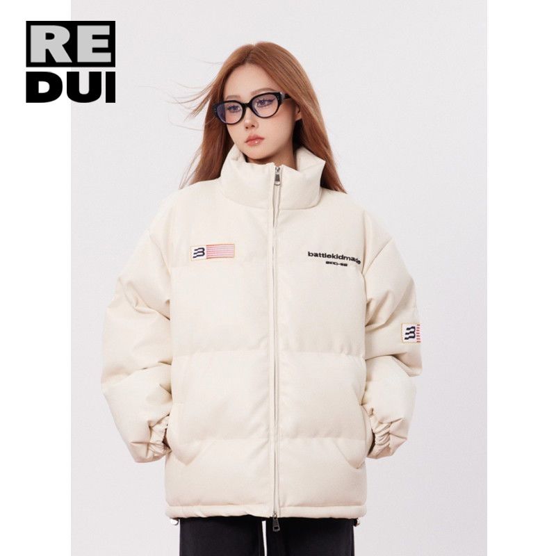 國潮美式旗幟pu皮棉衣棉服女秋冬季加厚情侶上衣麵包服保暖外套男