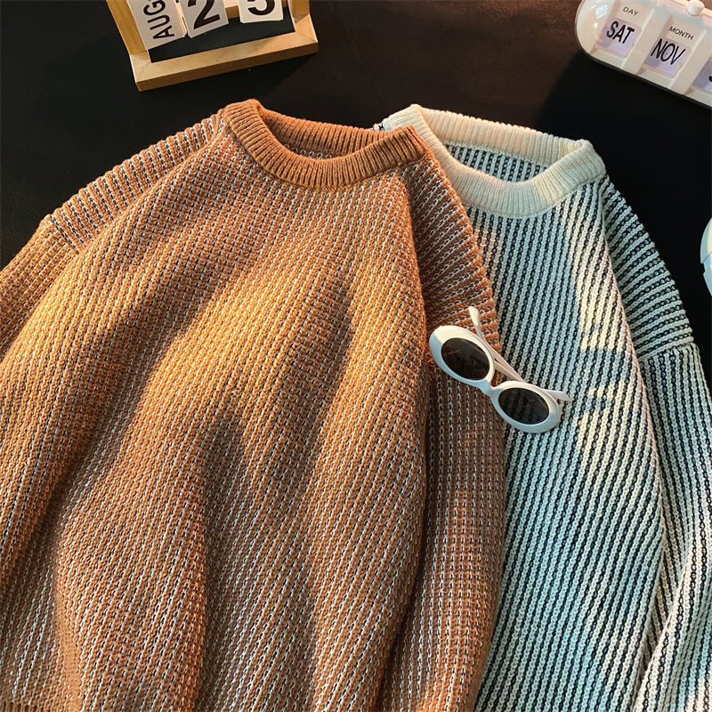 Pinstripe contrasting sweaters for men and women Japanese retro trendy brand niche soft waxy autumn and winter lazy loose ins sweaters