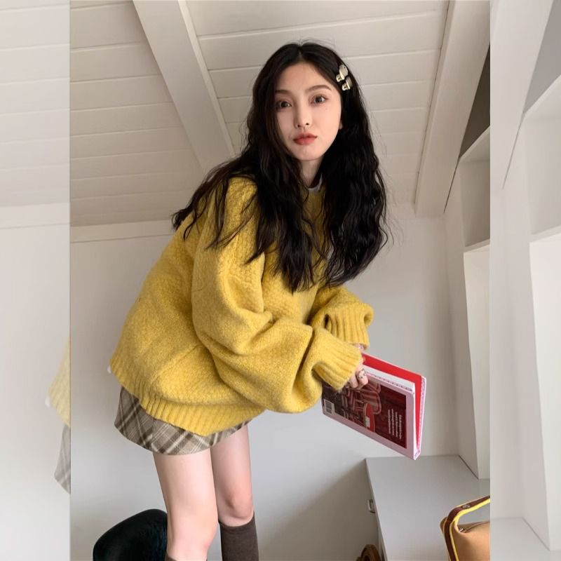 今年流行漂亮毛衣女秋冬新款韓系慵懶風黃色溫柔軟糯針織上衣