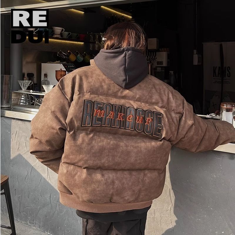 美式街頭嘻哈寬鬆復古美拉德拉鏈外套棉服加厚保暖pu皮棉衣外套潮