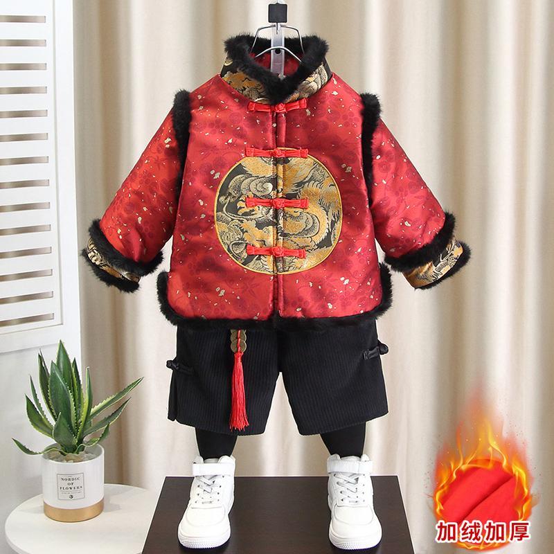 男童女童拜年服加絨加厚兒童男孩寶寶新年過年衣服唐裝中國風漢服