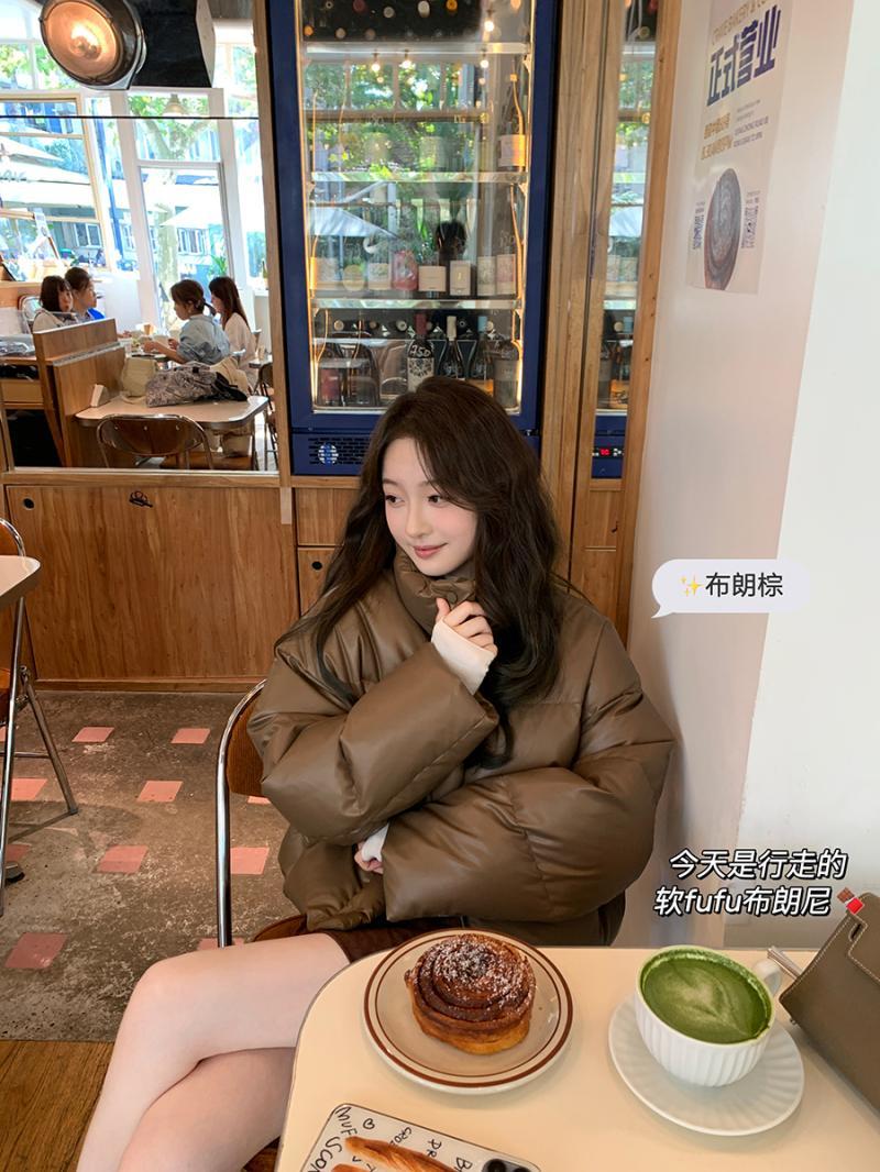 時尚PU皮短款棉服冬季美拉德時尚小眾寬鬆休閒百搭潮流棉衣外套