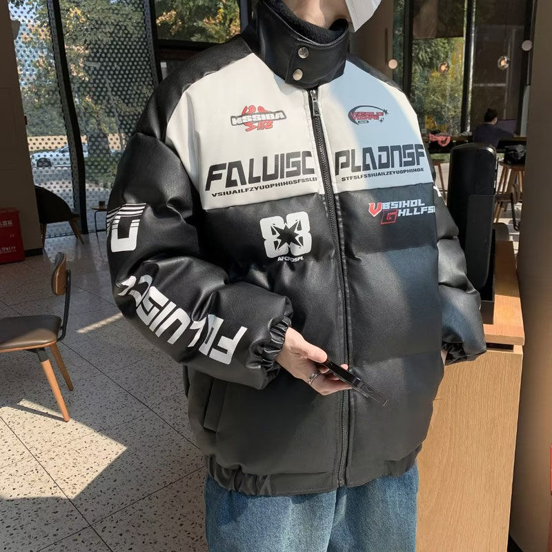 pu皮衣機車短款休閒棉服hiphop潮牌刺繡美式賽車服男士冬季麵包服