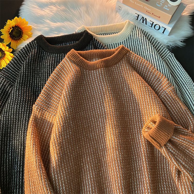 Pinstripe contrasting sweaters for men and women Japanese retro trendy brand niche soft waxy autumn and winter lazy loose ins sweaters