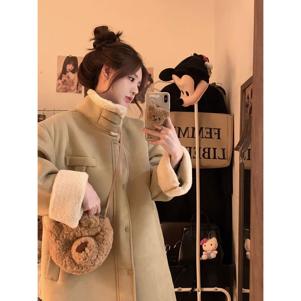 皮毛一體麂皮外套女加絨加厚冬季韓版2023新款長款寬鬆立領大衣潮