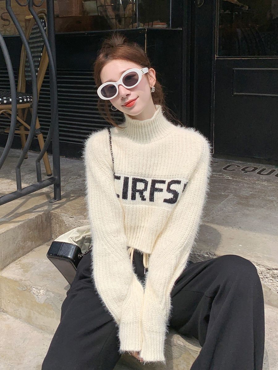 短款高領軟糯仿貂毛毛衣女秋冬新款字母印花百搭休閒針織上衣